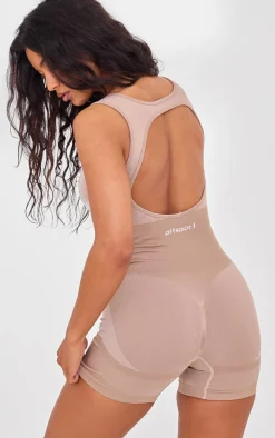 PLT SPORT Light Mocha Seamless Open Back Jacquard Unitard