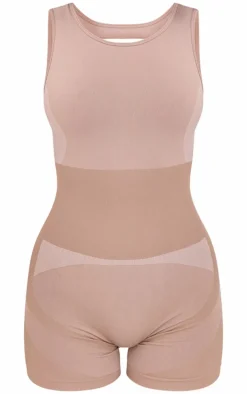 PLT SPORT Light Mocha Seamless Open Back Jacquard Unitard