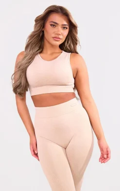 PLT SPORT Mocha Acid Wash Seamless Ribbed Sports Bra