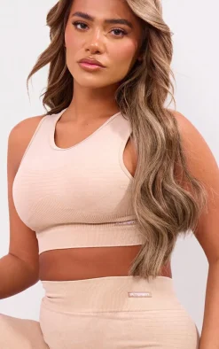 PLT SPORT Mocha Acid Wash Seamless Ribbed Sports Bra