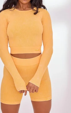 PLT SPORT Mustard Acid Wash Seamless Rib Ruched Bum Booty Shorts