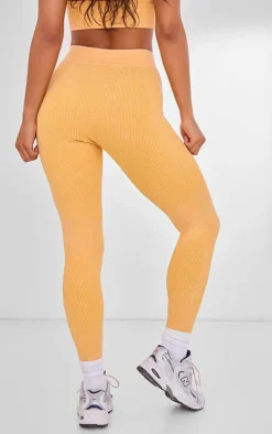 PLT SPORT Mustard Acid Wash Seamless Rib High Waist Gym Leggings