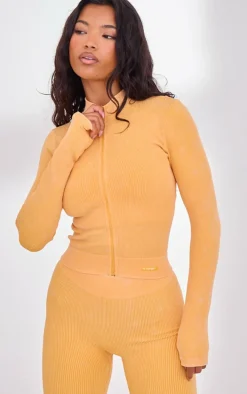 PLT SPORT Mustard Acid Wash Seamless Rib Zip Up Cropped Sports Jacket