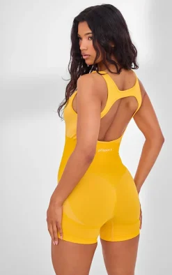 PLT SPORT Mustard Seamless Open Back Jacquard Unitard