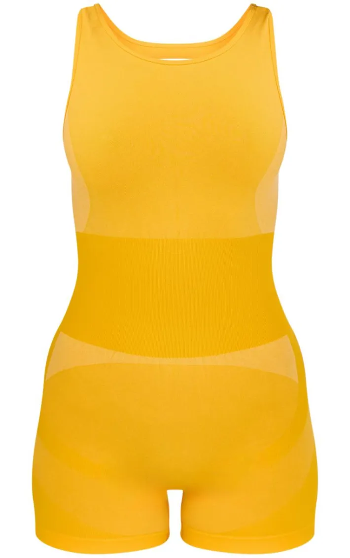 PLT SPORT Mustard Seamless Open Back Jacquard Unitard