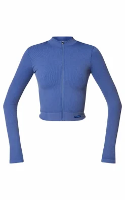 PLT SPORT Navy Acid Wash Seamless Zip Up Cropped Sports Jacket