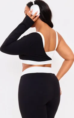 PLT SPORT Plus Black Sculpt Contrast Square Neck One Sleeve Crop Top