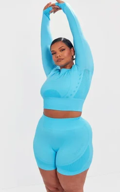 PLT SPORT Plus Bright Blue Seamless Contrast Detail Long Sleeve Crop Top
