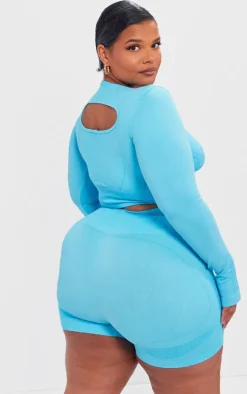 PLT SPORT Plus Bright Blue Seamless Contrast Detail Long Sleeve Crop Top