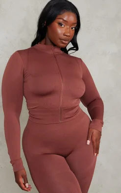 PLT SPORT Plus Espresso Seamless Contrast Long Sleeve Crop Top