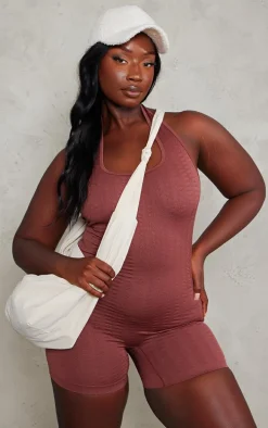 PLT SPORT Plus Espresso Textured Seamless Halterneck Unitard