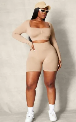 PLT SPORT Plus Light Mocha Seamless Contrast Branding Square Neck Top