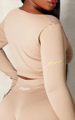 PLT SPORT Plus Light Mocha Seamless Contrast Branding Square Neck Top