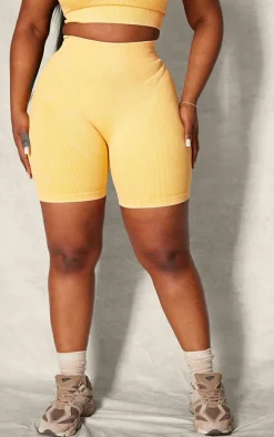 PLT SPORT Plus Mustard Acid Wash Seamless Rib Ruched Bum Booty Shorts