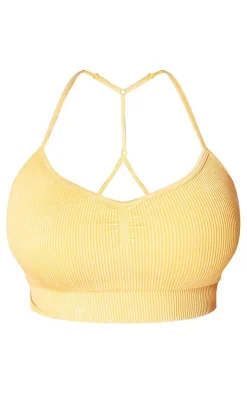 PLT SPORT Plus Mustard Acid Wash Seamless Rib Longline Cage Back Sports Bra