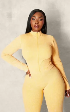 PLT SPORT Plus Mustard Acid Wash Seamless Rib Zip Up Cropped Sports Jacket