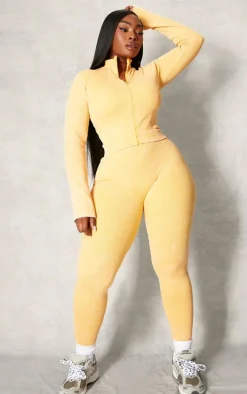 PLT SPORT Plus Mustard Acid Wash Seamless Rib Zip Up Cropped Sports Jacket