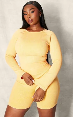 PLT SPORT Plus Mustard Acid Wash Seamless Rib Long Sleeve Sports Top