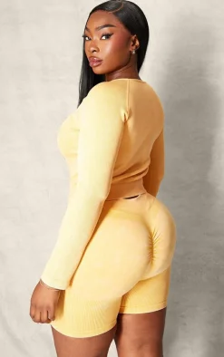 PLT SPORT Plus Mustard Acid Wash Seamless Rib Long Sleeve Sports Top