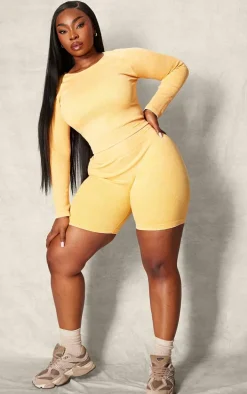 PLT SPORT Plus Mustard Acid Wash Seamless Rib Long Sleeve Sports Top