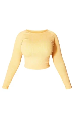 PLT SPORT Plus Mustard Acid Wash Seamless Rib Long Sleeve Sports Top
