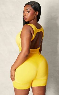 PLT SPORT Plus Mustard Seamless Open Back Jacquard Unitard
