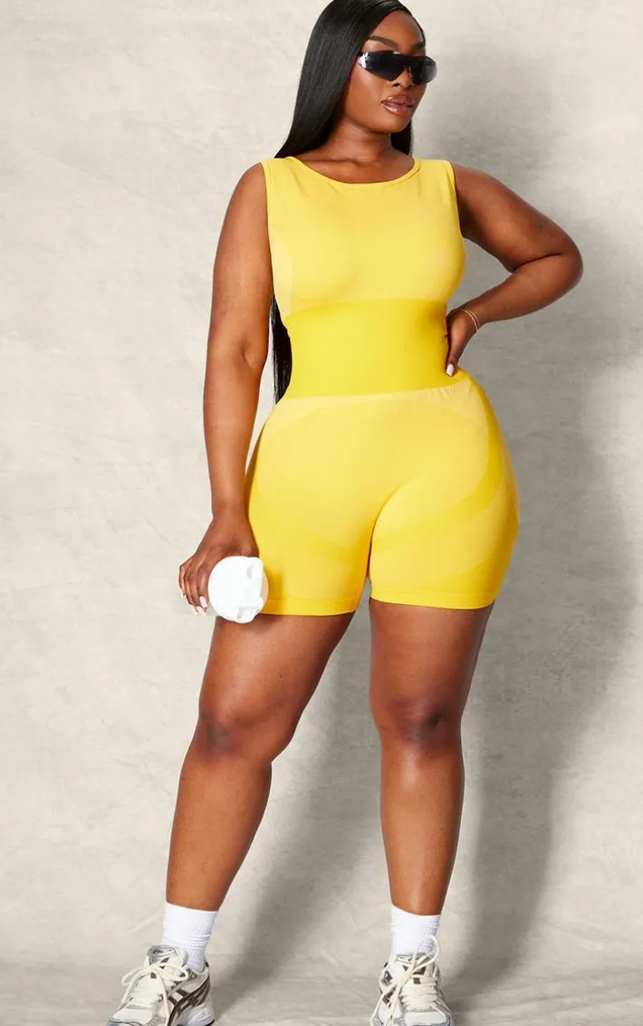 PLT SPORT Plus Mustard Seamless Open Back Jacquard Unitard