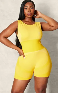 PLT SPORT Plus Mustard Seamless Open Back Jacquard Unitard