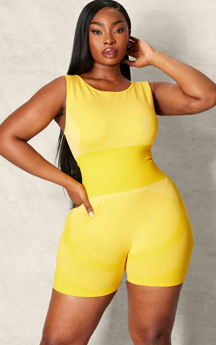 PLT SPORT Plus Mustard Seamless Open Back Jacquard Unitard