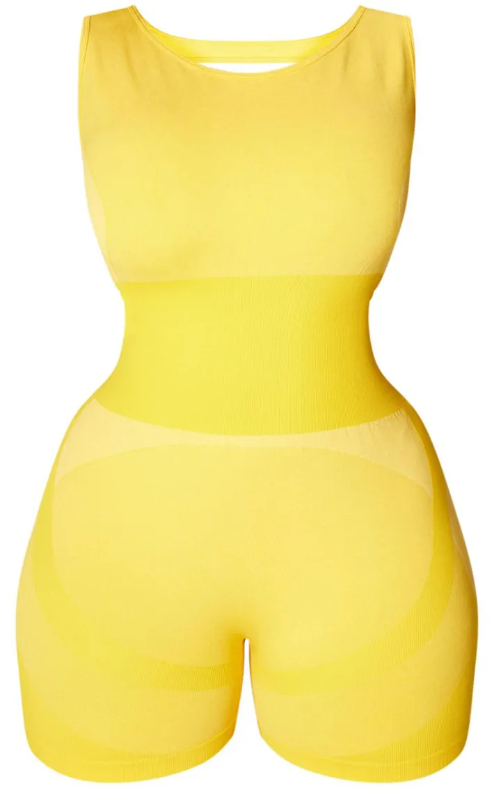 PLT SPORT Plus Mustard Seamless Open Back Jacquard Unitard