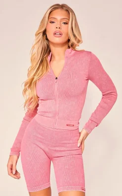 PLT SPORT Raspberry Acid Wash Seamless Zip Up Cropped Sports Jacket