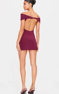 Plum Double Layer Soft Touch Bardot Twist Back Mini Dress