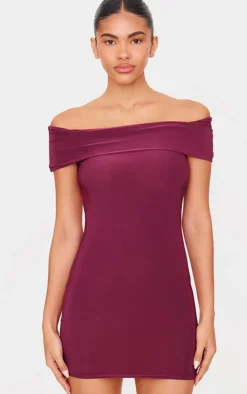 Plum Double Layer Soft Touch Bardot Twist Back Mini Dress