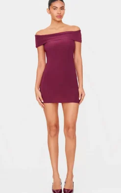 Plum Double Layer Soft Touch Bardot Twist Back Mini Dress