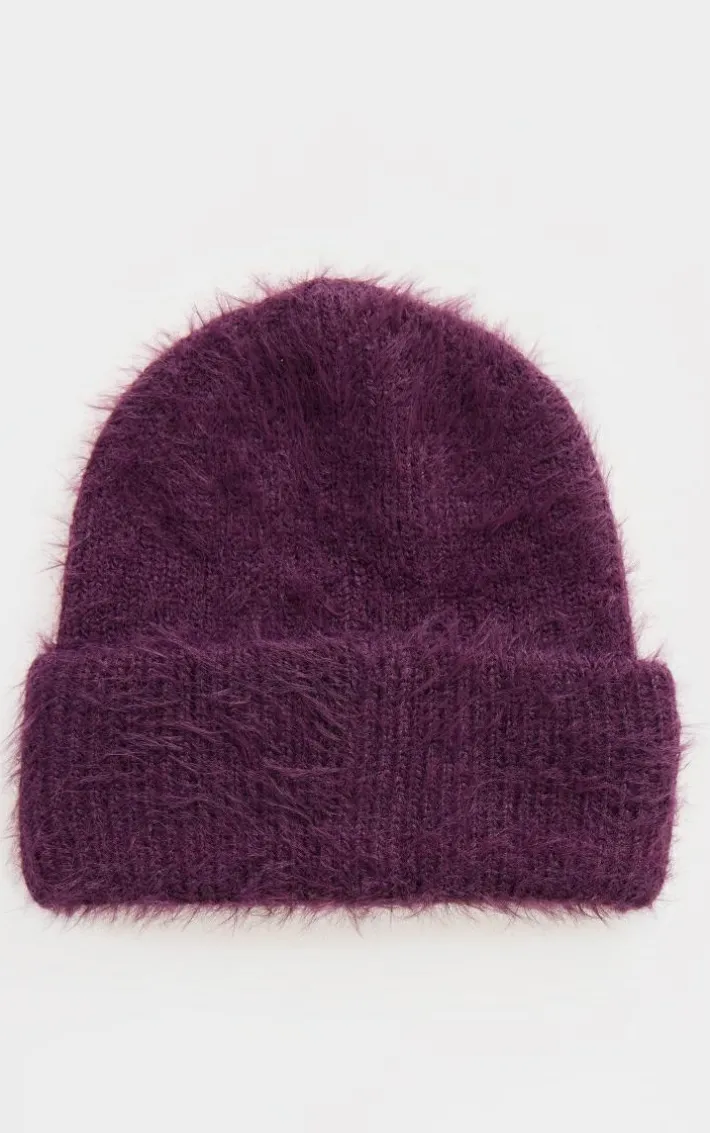 Plum Eyelash Knit Rib Beanie