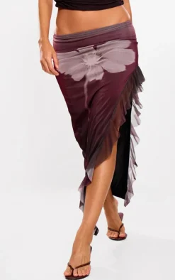 Plum Flower Ruffle Detail Mesh Skirt