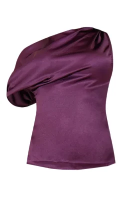 Plum Satin Asymmetric One Shoulder Long Top