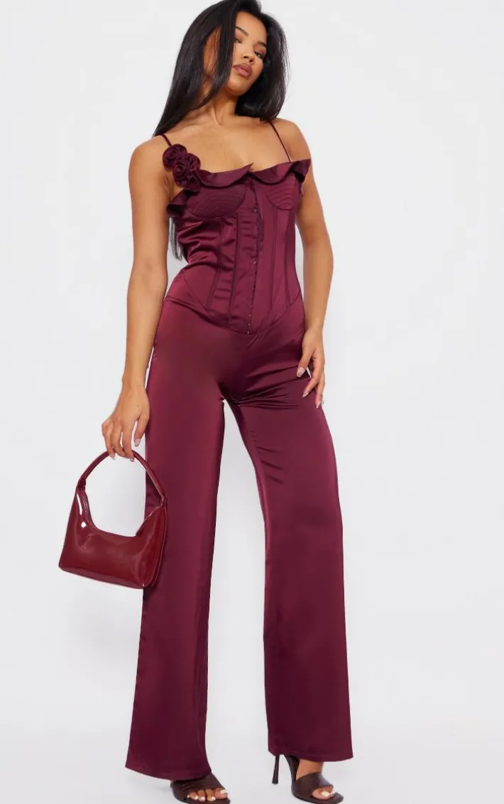 Plum Satin Corsage Corset Strappy Jumpsuit