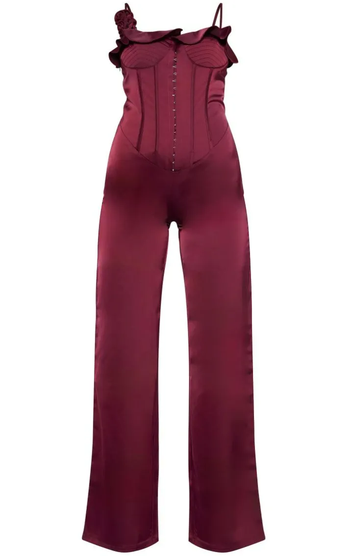 Plum Satin Corsage Corset Strappy Jumpsuit