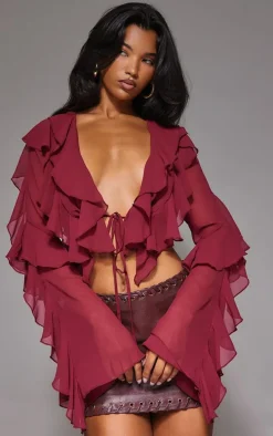 Plum Sheer Woven Ruffle Tie Crop Blouse