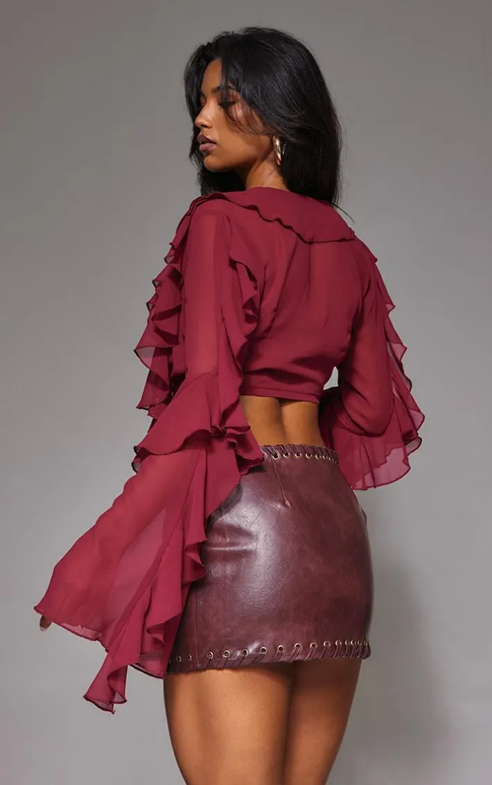 Plum Sheer Woven Ruffle Tie Crop Blouse