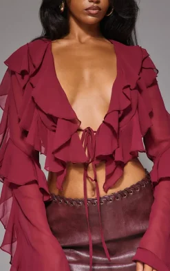 Plum Sheer Woven Ruffle Tie Crop Blouse