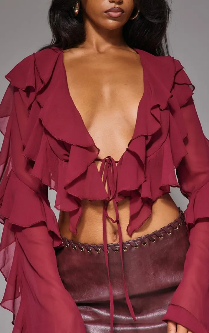 Plum Sheer Woven Ruffle Tie Crop Blouse