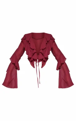Plum Sheer Woven Ruffle Tie Crop Blouse