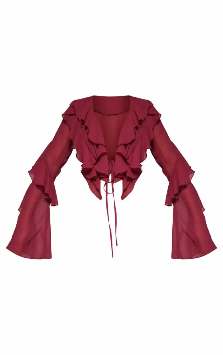 Plum Sheer Woven Ruffle Tie Crop Blouse