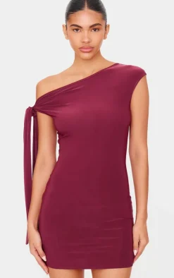 Plum Slinky Asymmetric Tie Shoulder Mini Dress