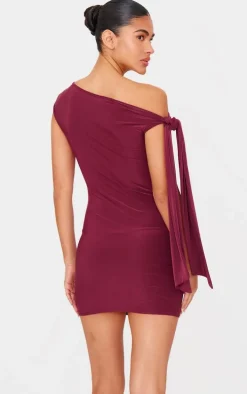 Plum Slinky Asymmetric Tie Shoulder Mini Dress