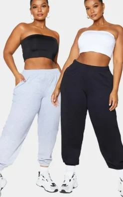 Plus 2 Pack Black and White Slinky Bandeau Crop Top