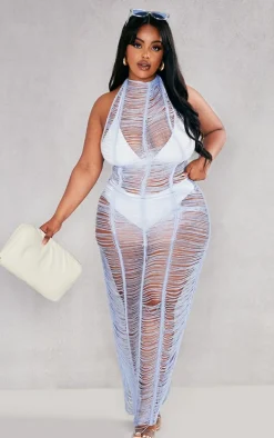 Plus Aqua Blue Tassel Knit Beach Dress