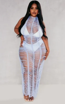 Plus Aqua Blue Tassel Knit Beach Dress